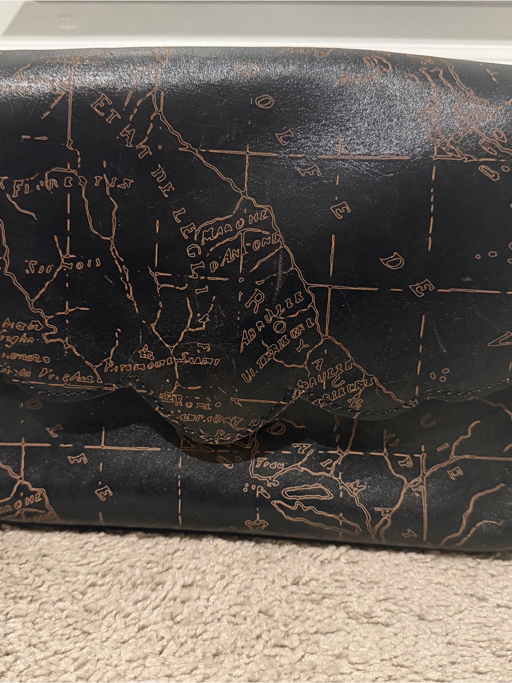 Patricia Nash Black Leather Crossbody with Copper Map Print